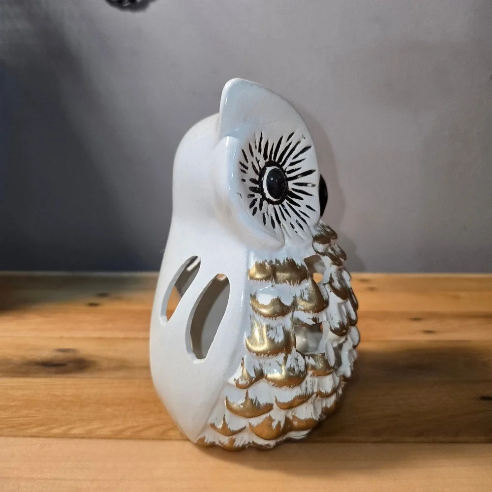 Hobby Lobby White Ceramic Owl Candle Holder Gold Accents Fall 2022 HL9182185